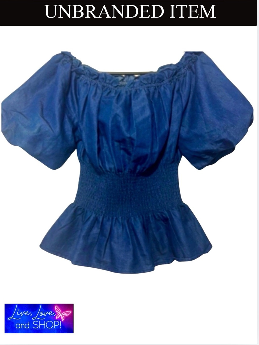 SHIRT: Elegant Blue Denim Off-Shoulder Top, EUC